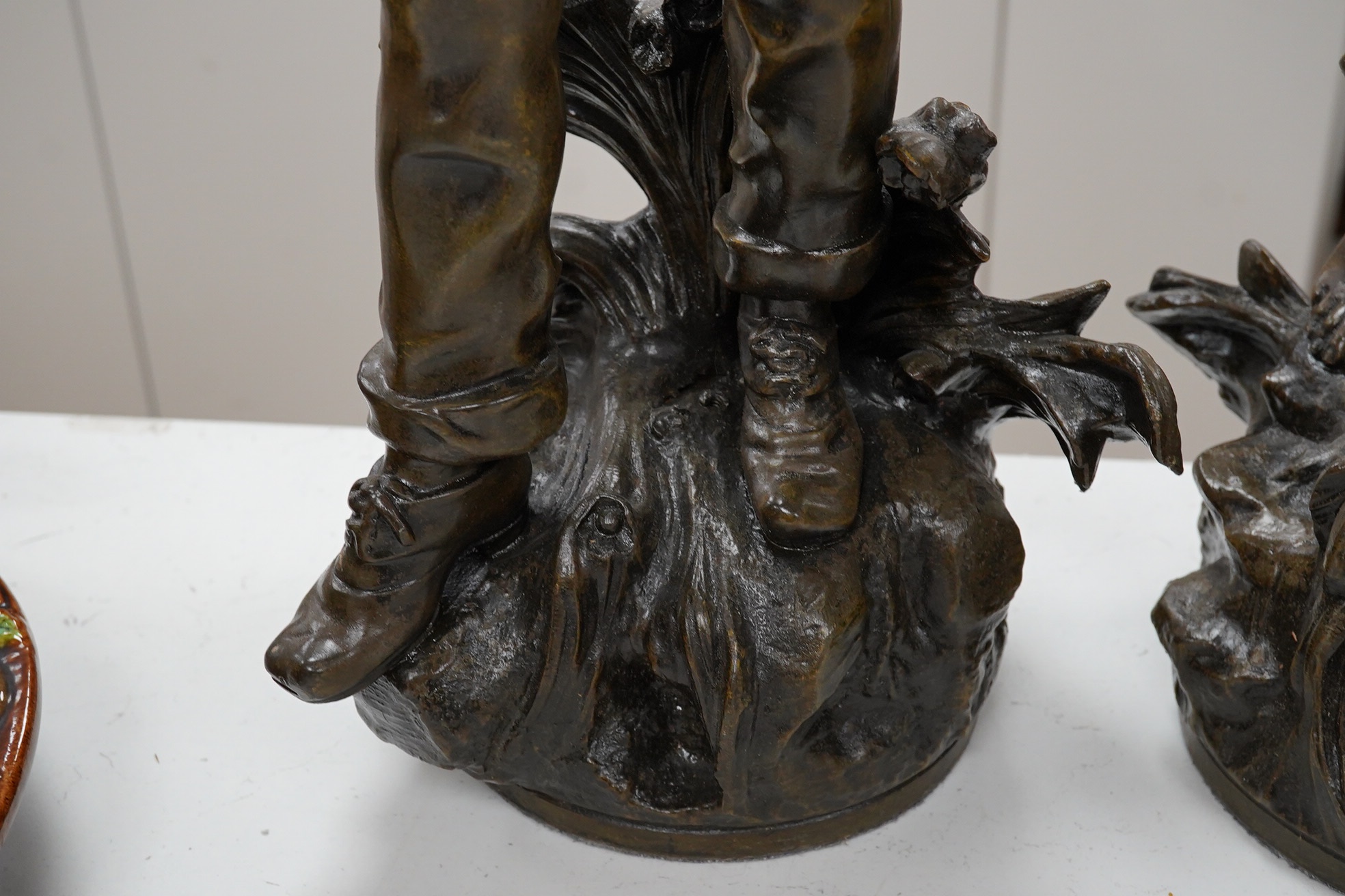 After Auguste Moreau 1861-1906, a pair of spelter figures, 60cm. Condition - fair (pieces missing)